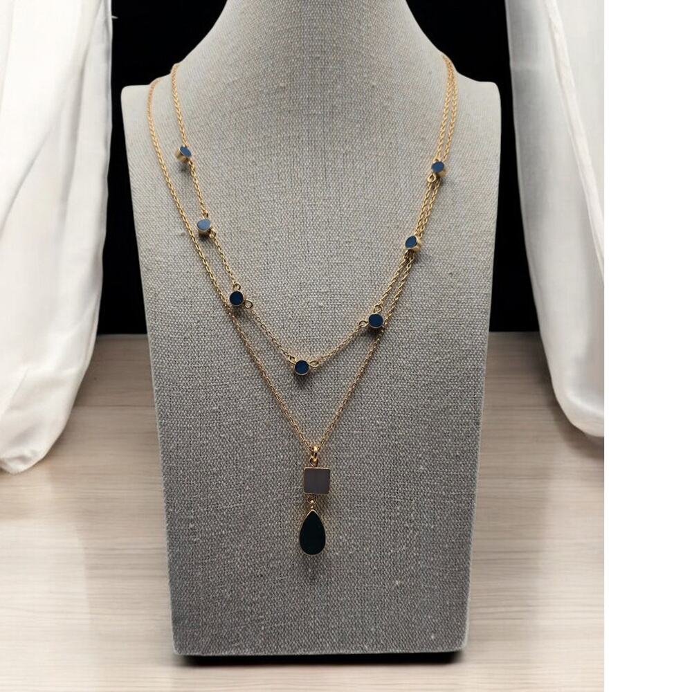 J Crew Layered Agate Necklace Blue Green Gold Tone Multi Strand - Modern Chic